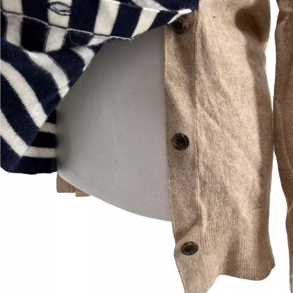 J Crew striped button flap wool pullover sweater elbow patches tan womens size M - Picture 6 of 13